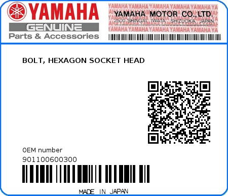 Product image: Yamaha - 901100600300 - BOLT, HEXAGON SOCKET HEAD  0