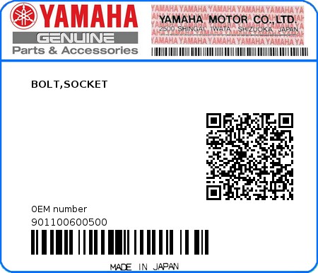 Product image: Yamaha - 901100600500 - BOLT,SOCKET  0