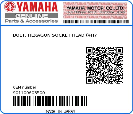 Product image: Yamaha - 901100603500 - BOLT, HEXAGON SOCKET HEAD (4H7  0