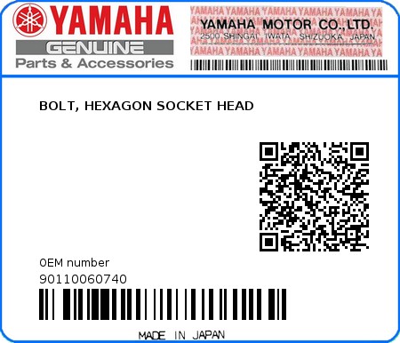 Product image: Yamaha - 90110060740 - BOLT, HEXAGON SOCKET HEAD   0