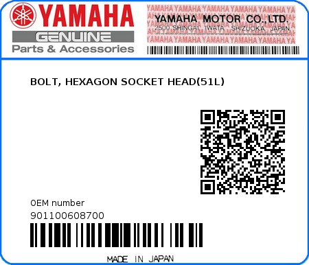 Product image: Yamaha - 901100608700 - BOLT, HEXAGON SOCKET HEAD(51L)  0