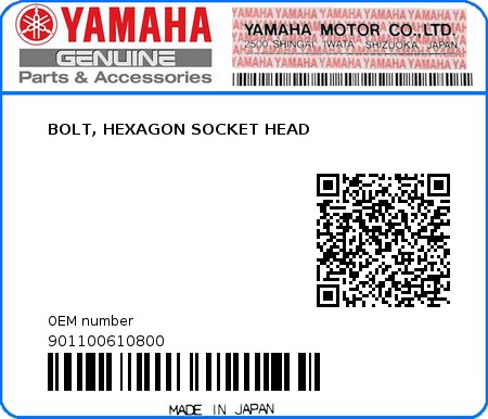 Product image: Yamaha - 901100610800 - BOLT, HEXAGON SOCKET HEAD  0
