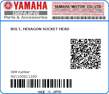 Product image: Yamaha - 901100611200 - BOLT, HEXAGON SOCKET HEAD   0