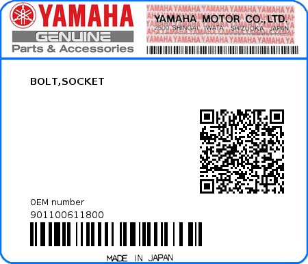 Product image: Yamaha - 901100611800 - BOLT,SOCKET  0