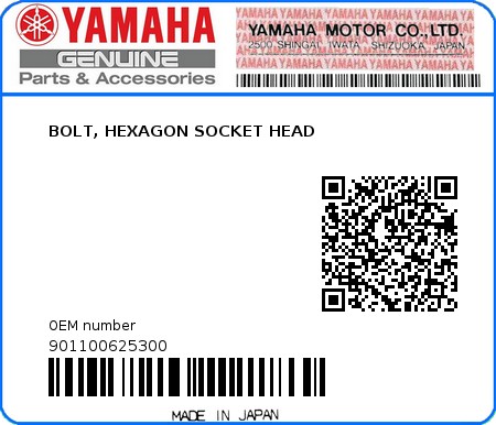 Product image: Yamaha - 901100625300 - BOLT, HEXAGON SOCKET HEAD  0