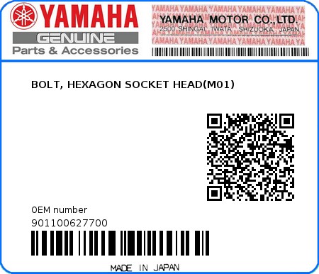 Product image: Yamaha - 901100627700 - BOLT, HEXAGON SOCKET HEAD(M01)  0