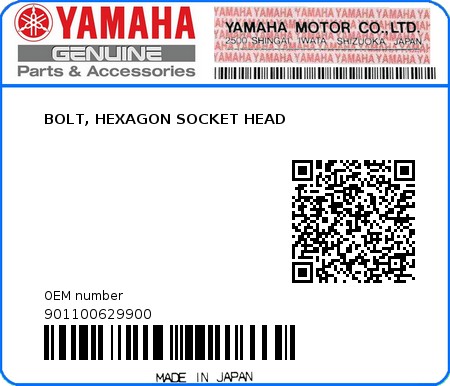 Product image: Yamaha - 901100629900 - BOLT, HEXAGON SOCKET HEAD  0