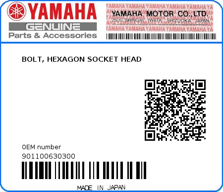 Product image: Yamaha - 901100630300 - BOLT, HEXAGON SOCKET HEAD  0