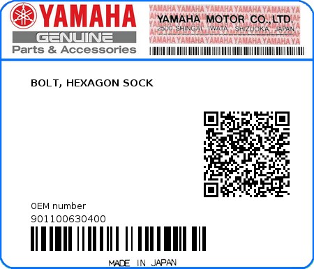 Product image: Yamaha - 901100630400 - BOLT, HEXAGON SOCK  0