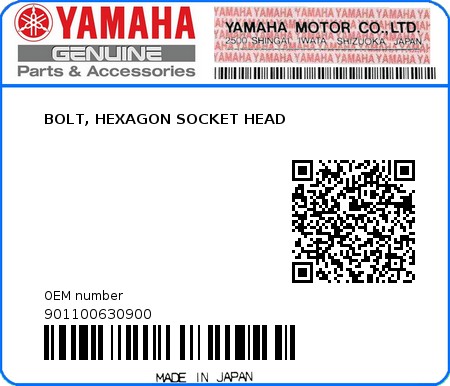 Product image: Yamaha - 901100630900 - BOLT, HEXAGON SOCKET HEAD  0
