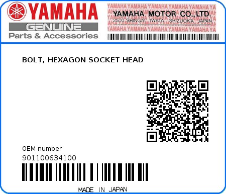 Product image: Yamaha - 901100634100 - BOLT, HEXAGON SOCKET HEAD  0