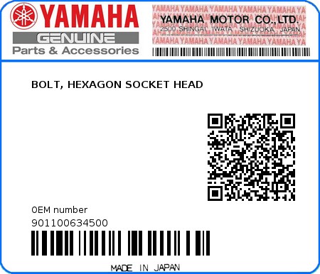 Product image: Yamaha - 901100634500 - BOLT, HEXAGON SOCKET HEAD  0