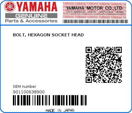 Product image: Yamaha - 901100638900 - BOLT, HEXAGON SOCKET HEAD  0