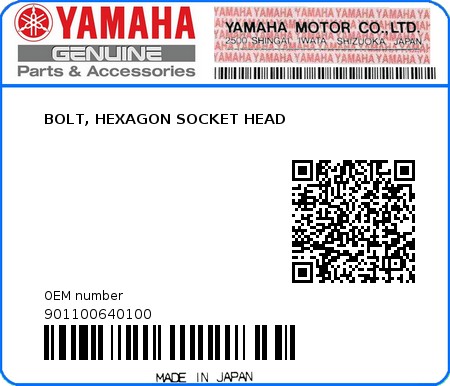 Product image: Yamaha - 901100640100 - BOLT, HEXAGON SOCKET HEAD  0