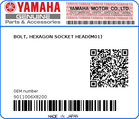 Product image: Yamaha - 9011006X8200 - BOLT, HEXAGON SOCKET HEAD(M01)  0
