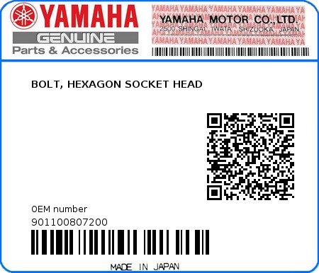 Product image: Yamaha - 901100807200 - BOLT, HEXAGON SOCKET HEAD  0