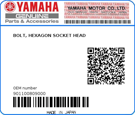 Product image: Yamaha - 901100809000 - BOLT, HEXAGON SOCKET HEAD  0