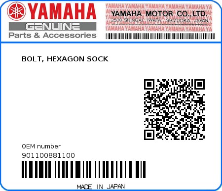 Product image: Yamaha - 901100881100 - BOLT, HEXAGON SOCK  0