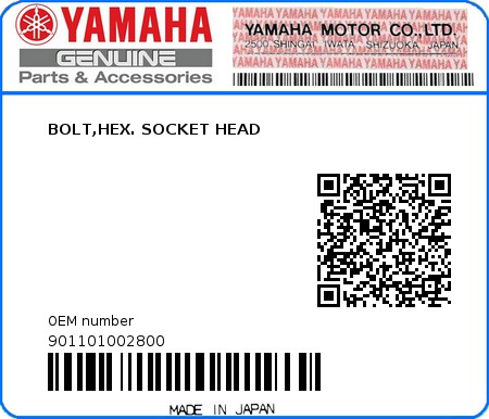 Product image: Yamaha - 901101002800 - BOLT,HEX. SOCKET HEAD  0