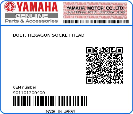 Product image: Yamaha - 901101200400 - BOLT, HEXAGON SOCKET HEAD  0