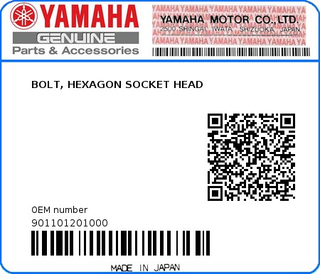Product image: Yamaha - 901101201000 - BOLT, HEXAGON SOCKET HEAD  0