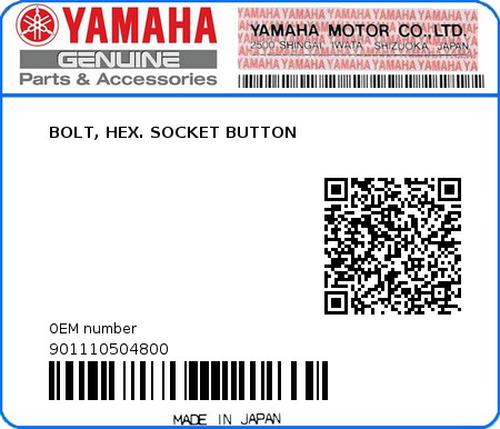 Product image: Yamaha - 901110504800 - BOLT, HEX. SOCKET BUTTON  0
