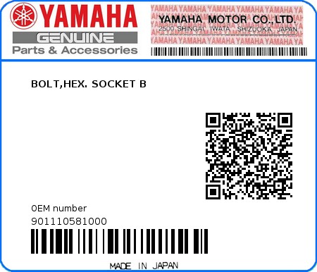 Product image: Yamaha - 901110581000 - BOLT,HEX. SOCKET B  0