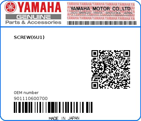 Product image: Yamaha - 901110600700 - SCREW(6U1)  0