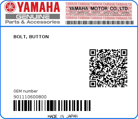 Product image: Yamaha - 901110600800 - BOLT, BUTTON  0