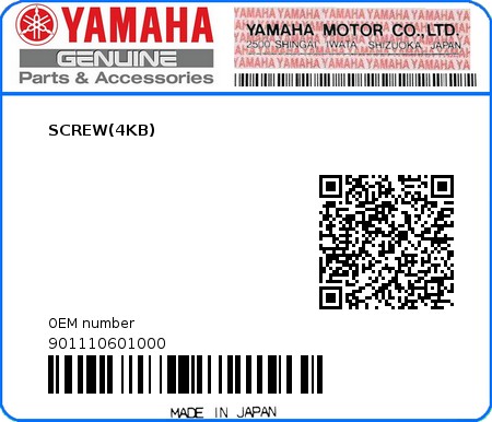 Product image: Yamaha - 901110601000 - SCREW(4KB)  0