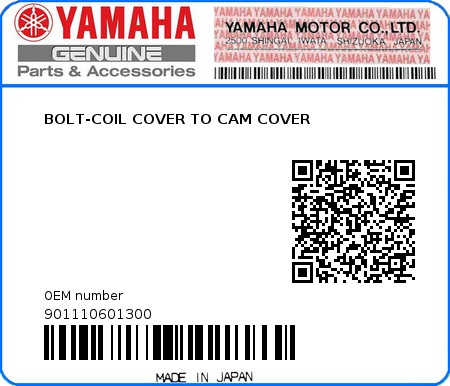 Product image: Yamaha - 901110601300 - BOLT-COIL COVER TO CAM COVER  0