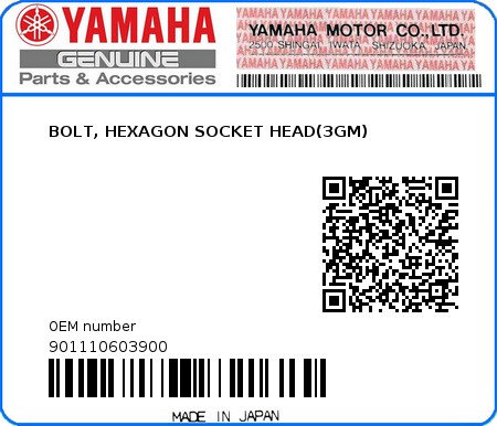 Product image: Yamaha - 901110603900 - BOLT, HEXAGON SOCKET HEAD(3GM)  0