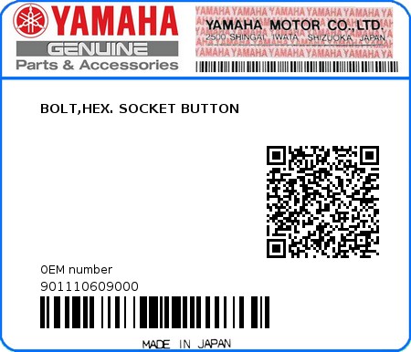 Product image: Yamaha - 901110609000 - BOLT,HEX. SOCKET BUTTON  0