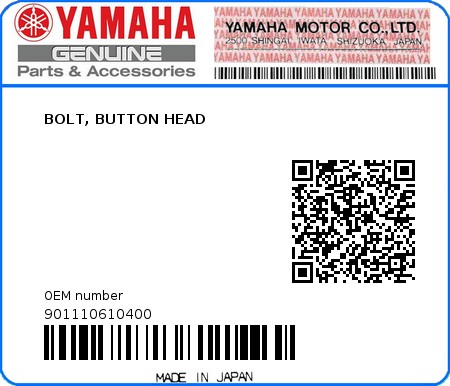 Product image: Yamaha - 901110610400 - BOLT, BUTTON HEAD  0