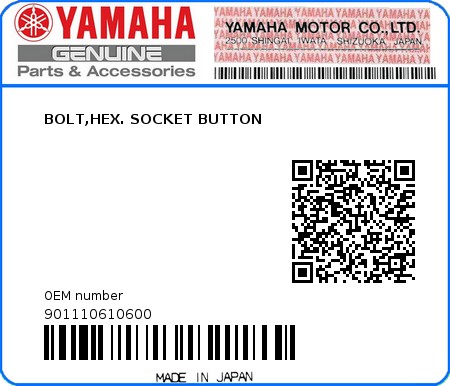 Product image: Yamaha - 901110610600 - BOLT,HEX. SOCKET BUTTON  0