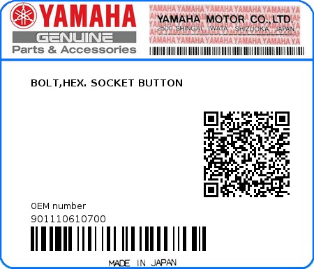 Product image: Yamaha - 901110610700 - BOLT,HEX. SOCKET BUTTON  0