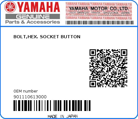 Product image: Yamaha - 901110613000 - BOLT,HEX. SOCKET BUTTON  0