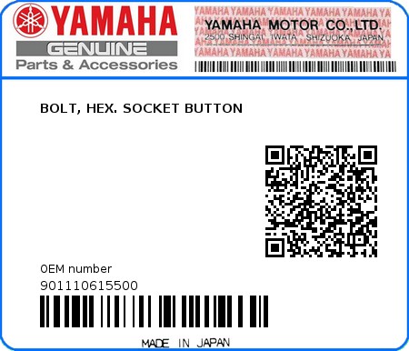 Product image: Yamaha - 901110615500 - BOLT, HEX. SOCKET BUTTON  0