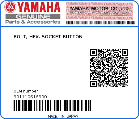 Product image: Yamaha - 901110616900 - BOLT, HEX. SOCKET BUTTON  0