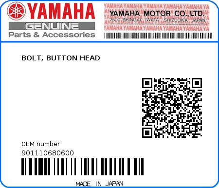 Product image: Yamaha - 901110680600 - BOLT, BUTTON HEAD  0