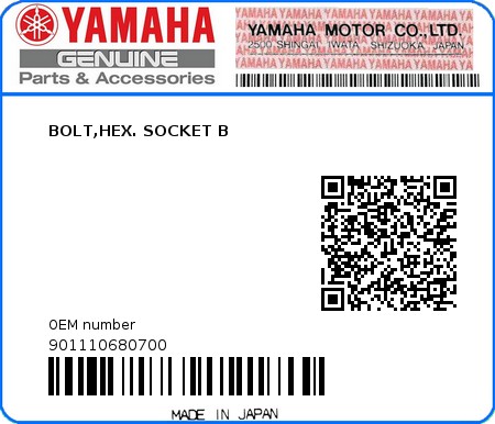 Product image: Yamaha - 901110680700 - BOLT,HEX. SOCKET B  0