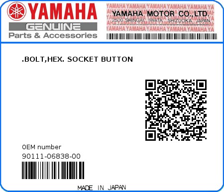 Product image: Yamaha - 90111-06838-00 - .BOLT,HEX. SOCKET BUTTON  0