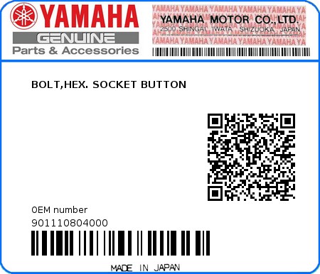 Product image: Yamaha - 901110804000 - BOLT,HEX. SOCKET BUTTON  0