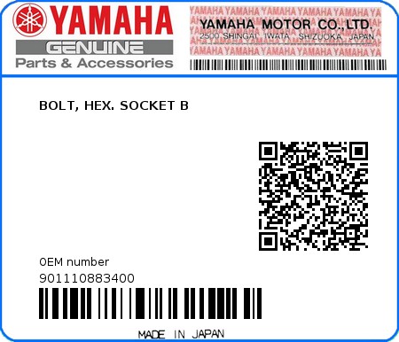 Product image: Yamaha - 901110883400 - BOLT, HEX. SOCKET B  0