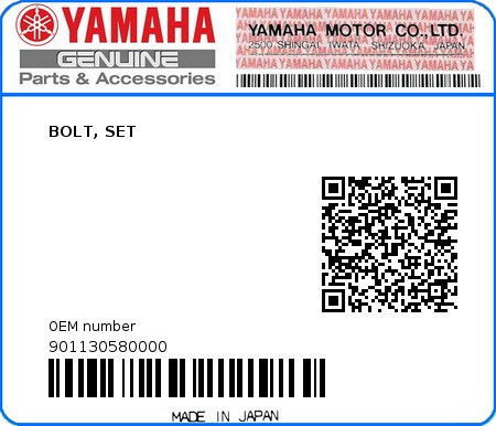 Product image: Yamaha - 901130580000 - BOLT, SET  0