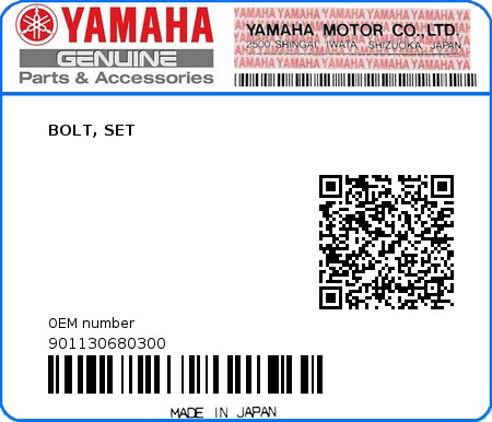 Product image: Yamaha - 901130680300 - BOLT, SET  0