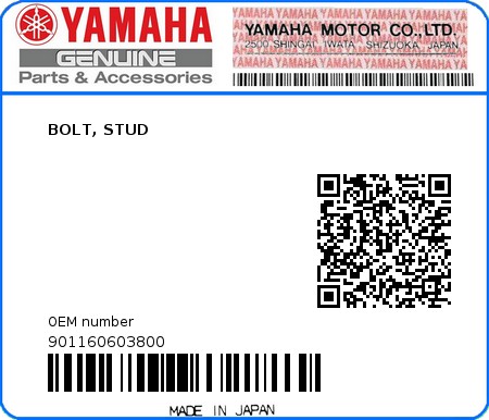 Product image: Yamaha - 901160603800 - BOLT, STUD  0