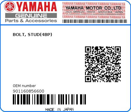 Product image: Yamaha - 901160856600 - BOLT, STUD(4BP)  0
