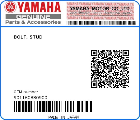 Product image: Yamaha - 901160880900 - BOLT, STUD  0