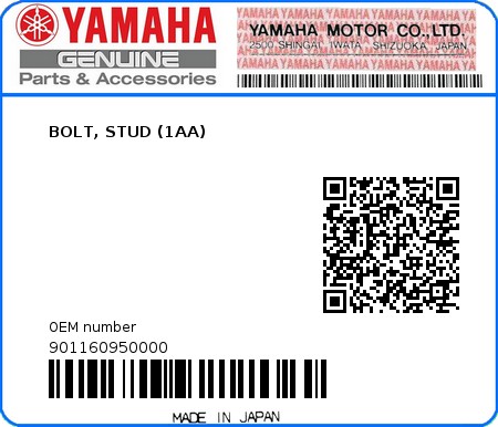 Product image: Yamaha - 901160950000 - BOLT, STUD (1AA)  0